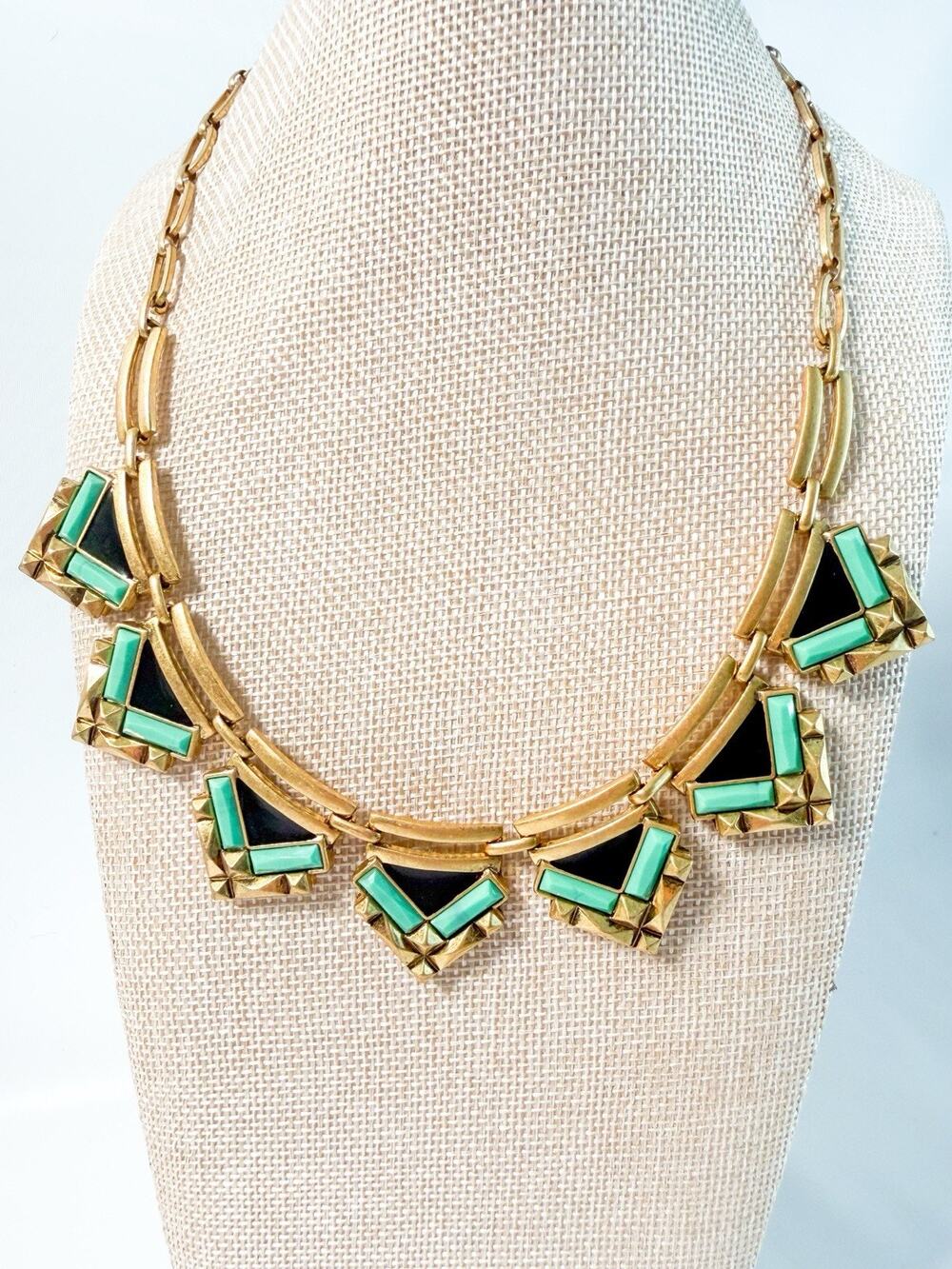 Stella & Dot Egyptian Revival Statement Necklace Gold Tone Turquoise Enamel
